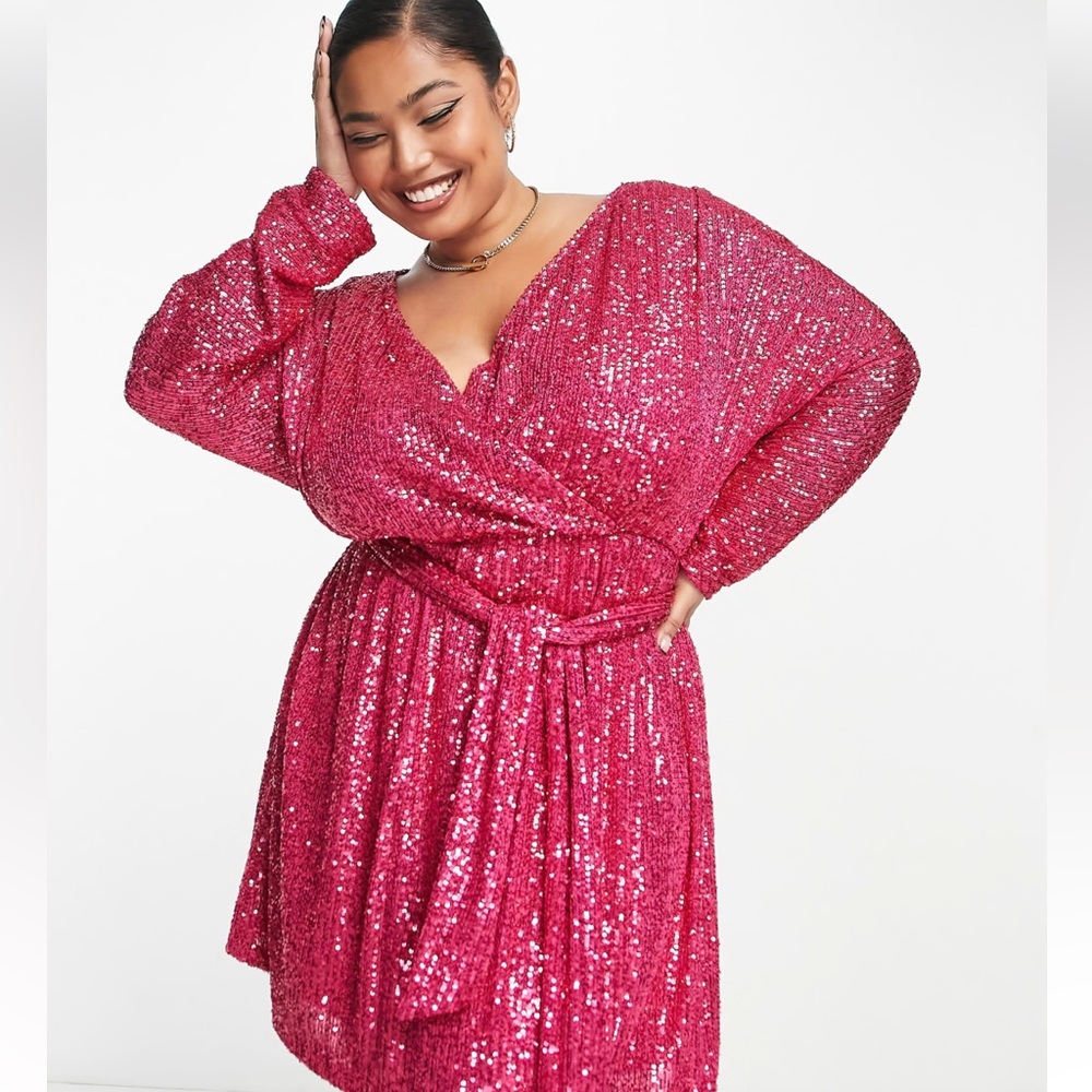 ASOS DESIGN Curve sequin long sleeve wrap mini dress with belt in pink - 14 XL
